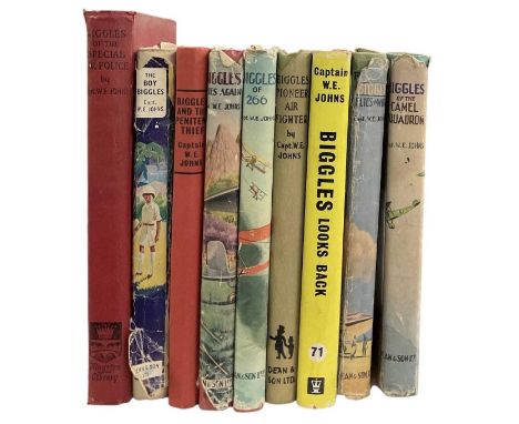 BIGGLES; nine Biggles books including a first edition of 'Biggles and the Penitent Thief', also 'Biggles Flies Again', 'Biggl