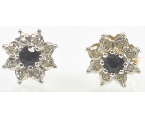 A pair of 9ct yellow gold sapphire and diamond set cluster earrings, combined approx 1.7g.