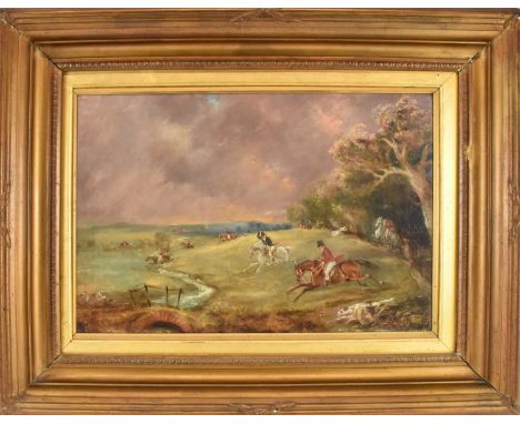 19TH CENTURY BRITISH SCHOOL; oil on relined canvas, hunting scene, 40 x 60cm, in substantial gilt frame.