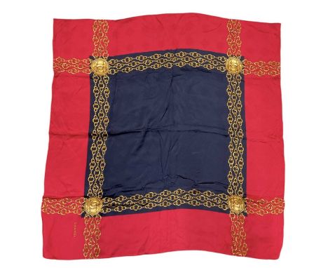 IN THE STYLE OF CHANEL; a vintage silk scarf, with black ground and red border and gold chain decoration, inscribed 'Chanel',