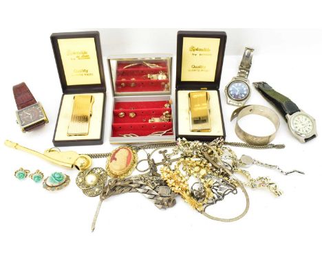 A quantity of costume jewellery including watches, earrings, brooches, necklaces, bracelet, lighters, a bosun's whistle, etc.