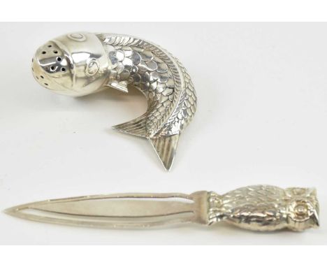 A hallmarked silver pepperette in the form of a salmon/fish, length 5cm, and a hallmarked silver owl topped paper clip/book m