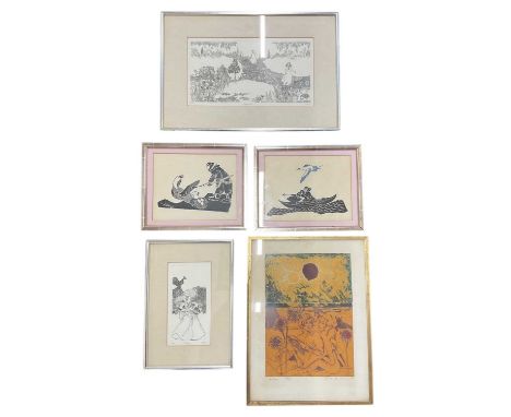 Five assorted prints including Susan Audom print, signed lower right and dated 68, numbered 28/35 lower left, 40.5 x 30cm, fr