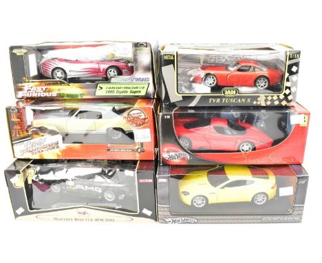 Six boxed scale model diecast vehicles comprising a Maisto Mercedes-Benz CLK-DTM 2002, The Fast and the Furious 1970 Chevy Mo