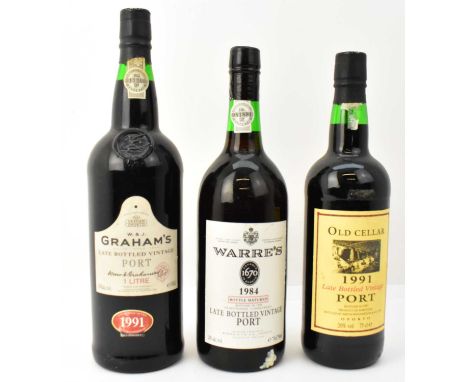 PORT; three bottles comprising W &amp; J Graham's 1991 late bottled vintage port, 20%, 1l, Old Cellar 1991 late bottled vinta