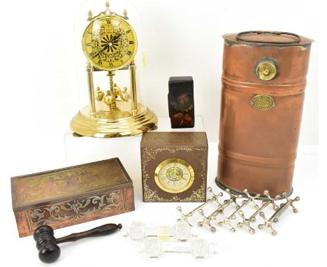 A group of various mixed collectables comprising an anniversary clock under dome, five silver plated knife rests and two cut 