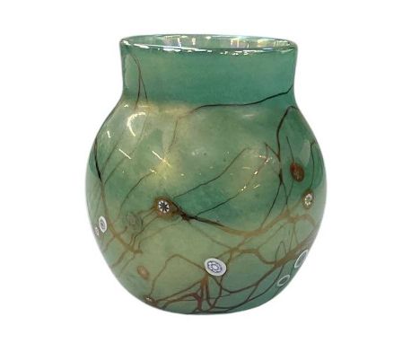 † JOHN DITCHFIELD FOR GLASFORM; a hand blown glass vase with iridescent ground and bronzed root design with millefiori style 