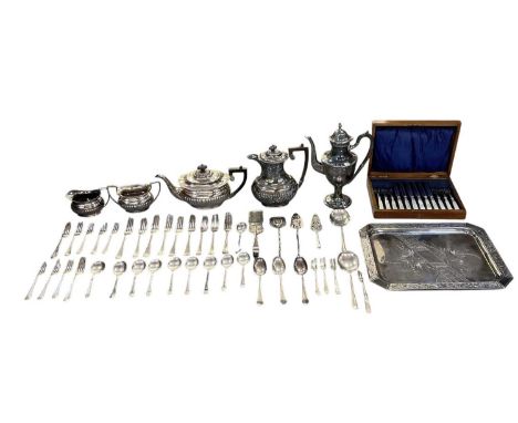 A quantity of silver plated items, including a good quality rectangular silver plated Oriental style tray, 40 x 31cm, four pi