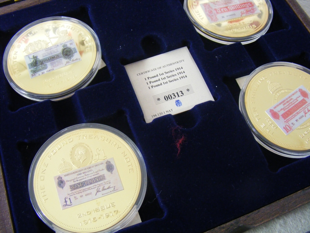 Windsor Mint 'Treasury Notes of WWI'a set of 5 goldplated and pad