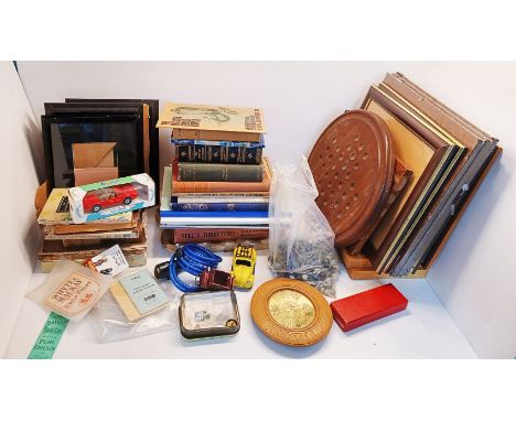A MIXED LOT OF VINTAGE BOOKS, SOLITAIRE, TOYS, PICTURE FRAMES ETC