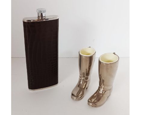 A PAIR OF GRENADIER BOOT MEASURES WITH LINERS &amp; AN UNUSED 5oz HIP FLASK