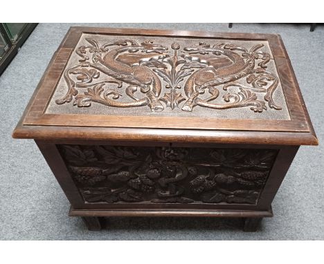 A VINTAGE CHINESE DRAGON CARVED CHEST 23" WIDE