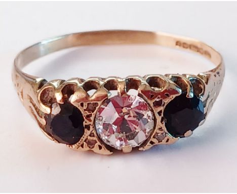 9CT GOLD 3 STONE BLUE AND WHITE RING SIZE N 1.7g
THIS LOT IS IN SECURE STORAGE, VIEWING BY APPOINTMENT ONLY  NO. 34