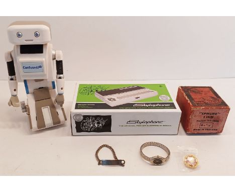 MIXED LOT INC A ROBOT, STYLOPHONE, ID BRACELET, CHUCK, SEKONDA WATCH, DAWLISH RAILWAY BADGE