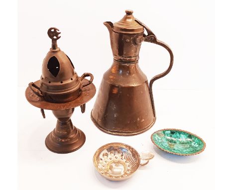A VINTAGE INCENSE BURNER, BRASS JUG, WINE TASTING CUP, GREEN DISH