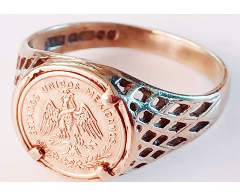 9CT GOLD MEXICANOS COIN SIGNET RING 3g SIZE N
THIS LOT IS IN SECURE STORAGE, VIEWING BY APPOINTMENT ONLY  NO. 31
