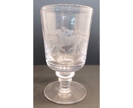 A WEDGWOOD GLASS RUMMER WITH A HORSE RACING THEME