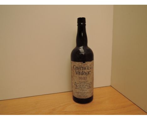 A bottle of Cavendish Vintage 1949 Vin De Liqueur, over 30years maturing in oak wood, shipped and bottled by Edward Cavendish