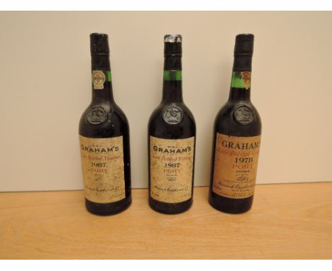 Three bottles of Grahams Late Bottled Vintage Port, 1978 bottled in 1983, 70cl, no strength stated and W &amp; J 1987 bottled