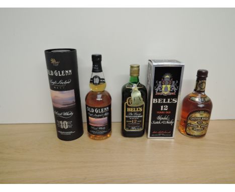 Three bottles of Whisky, Old Glen Sigle Lowland Malt Scotch Whisky, 40% vol, 70cl in card tubem Bells 12 Year Old Blended Sco