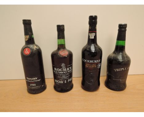 Four bottles of Port, Taylor's Late Bottle Vintage 1985, bottled in 1990, 70cl, 20% vol, Rocha's Old Tawny Port, 26 2/3 fl oz