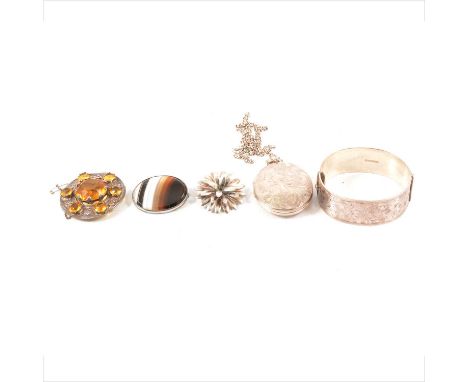 A S Christian Fogh Danish silver flower brooch, 39mm diameter; a banded agate brooch; a silver 25mm wide half hinged bangle, 