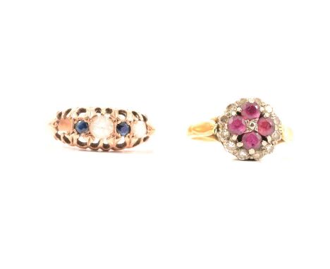 Two gemset rings, an 18 carat yellow gold cluster set with four rubies and twelve 8 cut diamonds ring size H/I, gross weight 