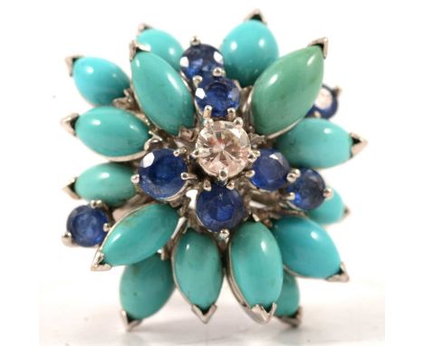 A diamond, sapphire and turquoise ring, the contemporary cluster claw set with fifteen marquise shaped cabochon cut turquoise