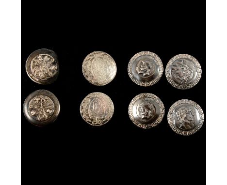 Four pairs of large silver buttons, a pair of 30mm circular buttons with a Greek profile and Greek key border by Levi &amp; S