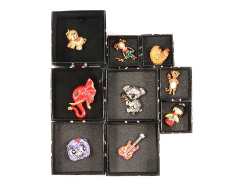 Butler &amp; Wilson -nine crystal brooches, Koala Bear, 60mm; red enamel Elephant, 80mm; Purple Pig, 50mm; other smaller broo