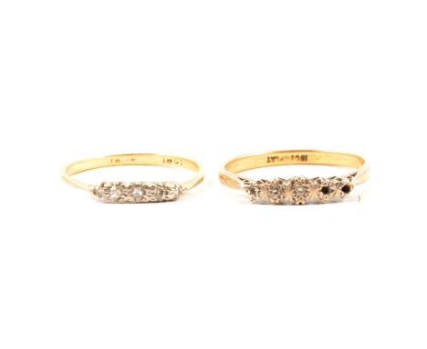 Two half hoop rings mark 18ct and Plat, both set with small diamond points (two diamonds missing from one ring), ring sizes R