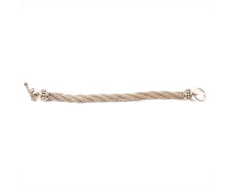 A modern white metal 925 bracelet, 80mm wide twist formed from four strands of 3.5mm gauge round herringbone chain, beaded te