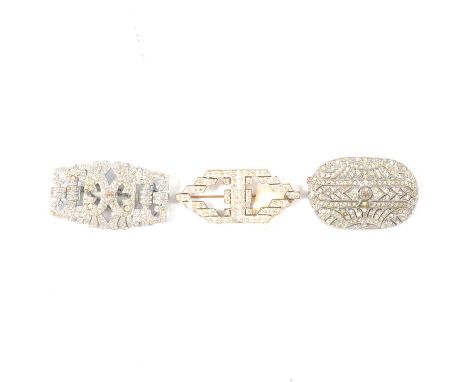 Twenty-five vintage paste and marcasite set brooches, mostly 1930's Czechoslovakia, set with brilliant and baguette cut stone