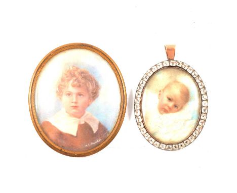 An oval portrait miniature of a baby, surrounded by thirty-eight colourless paste stones, hair compartment to back, in rose a
