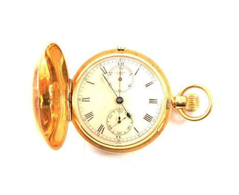 J W Benson London - an 18 carat yellow gold full hunter chronograph pocket watch, the white enamel dial covered by a glass ha