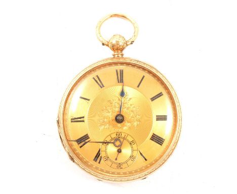 An 18 carat yellow gold open-face pocket watch, the gold dial engine turned and engraved with flowers, with Roman numeral cha