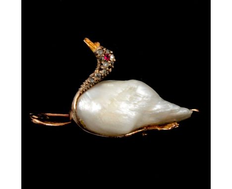 A baroque pearl swan brooch, the swan mounted on a 30mm bar mount and set with seven rose cut diamonds and a ruby eye, gross 