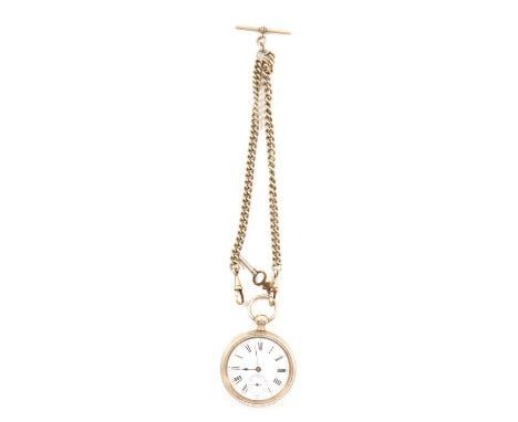 A small white metal open face pocket watch, the white enamel dial having a Roman numeral chapter ring and subsidiary seconds 