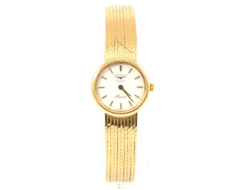 Longines - a lady's Presence 9 carat yellow gold bracelet watch, circular white baton dial in a 20mm 9 carat yellow gold case