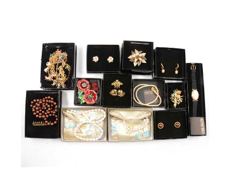 Joan Rivers crystal wristwatch; enamel floral brooch and similar earrings; 120cm gilt necklace with twenty-nine small charms,