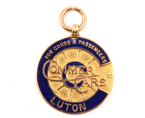 Commer Cars Luton for Goods and Passengers - a 9 carat gold presentation medal decorated with blue enamel, 27mm diameter, Bir