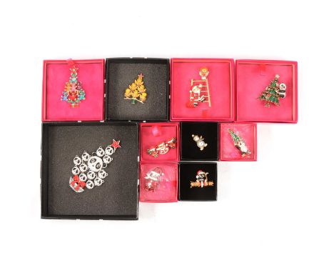 Butler &amp;Wilson - ten novelty enamel and crystal brooches, Christmas theme, Panda Christmas tree, 120mm; Father Christmas 