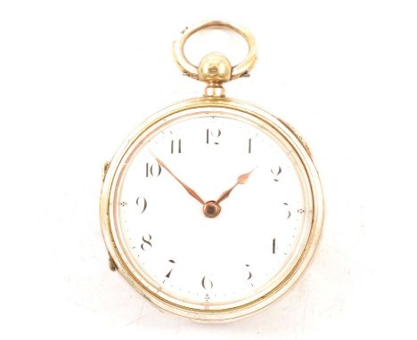 A nickel cased open-face pocket watch, the white enamel dial having an Arabic numeral chapter ring in a plain polished case, 