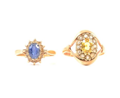 Two 9 carat yellow gold gemset rings, a bue and white synthetic stone cluster ring size N, Birmingham 1973, and a synthetic y