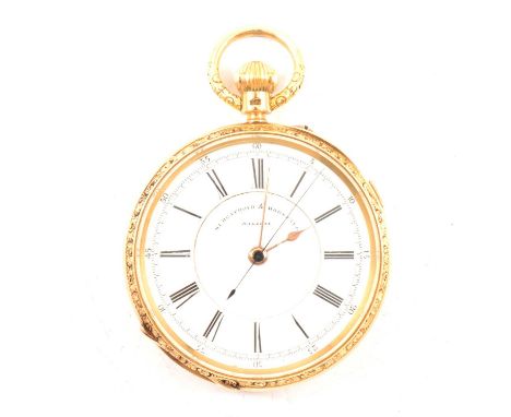 Murgatroyd &amp; Horsfall Halifax - an 18 carat yellow gold open-face pocket watch, the white enamel dial with roman numeral 