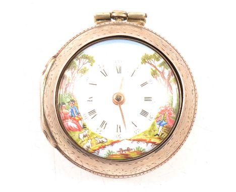 A silver pair cased pocket watch, the white polychrome enamel dial of a Georgian pastoral river scene border having a roman n