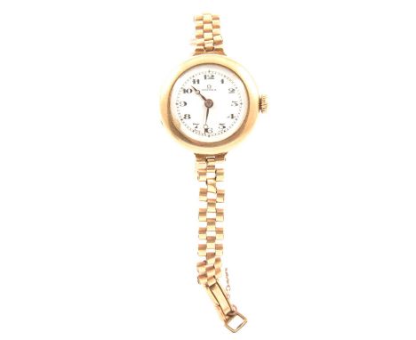 Omega - a lady's vintage 9 carat gold wristwatch, 19mm white enamel dial with arabic numeral chapter ring in a 25mm 9 carat y