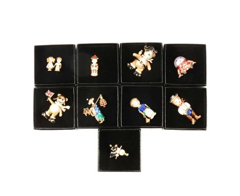 Butler &amp; Wilson - nine novelty enamel brooches with pearlised detail, Humpty Dumpty, Pirate, Cowboy, Chinese Lady with la