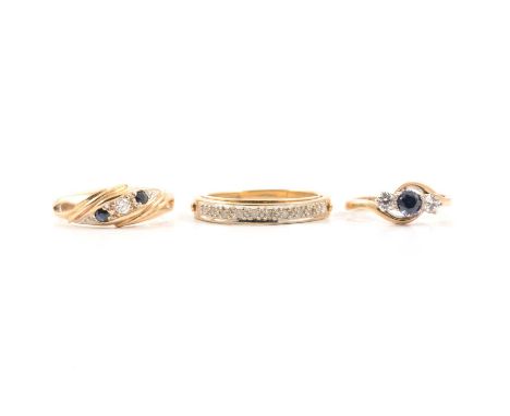 Three 9 carat gold dress rings, a 3.5mm wide half eternity band set with ten diamonds, a hinged hidden second band reads "I L