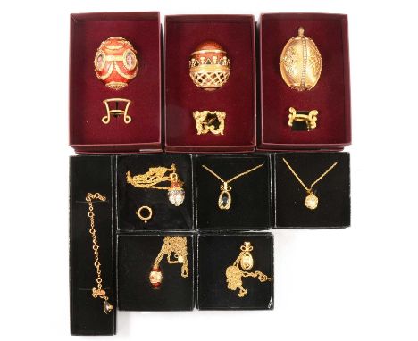 Joan Rivers - three Imperial Treasures Faberge style eggs with stands, The Portrait Egg; The Pot Pourri Egg; The Four Seasons